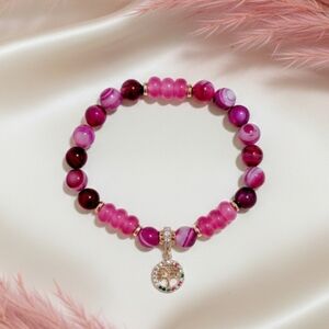 Striped Agate/Jade Bracelet With Cubic Zirconia Charm